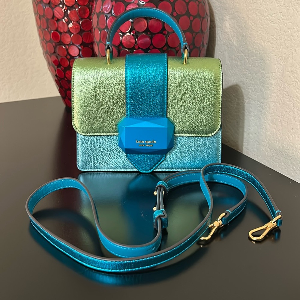 kate spade metallic green and teal mini satchel handbag
